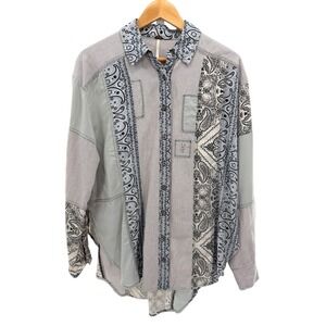 Free People All Patched Up Chambray Buttondown Blue Shirt Women's Size Small